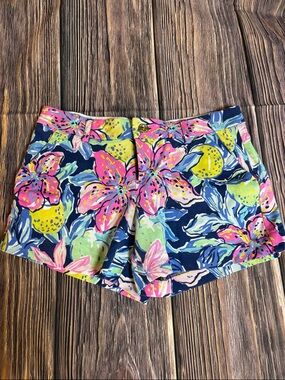 Lilly Pulitzer Navy High-Waist Floral Shorts with Pink & Yellow Accents (0023)